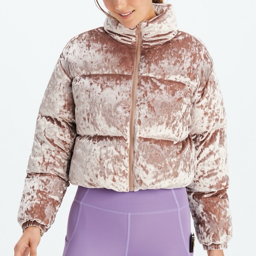 Fabletics Wander Crushed Velour Cropped Puffer Jacket, Teddy
